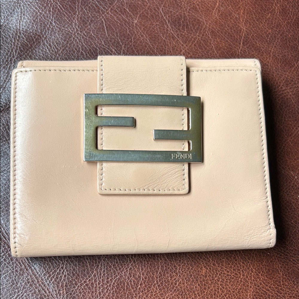 Fendi FF Logo  light peach Leather Wallet with Gold Logo